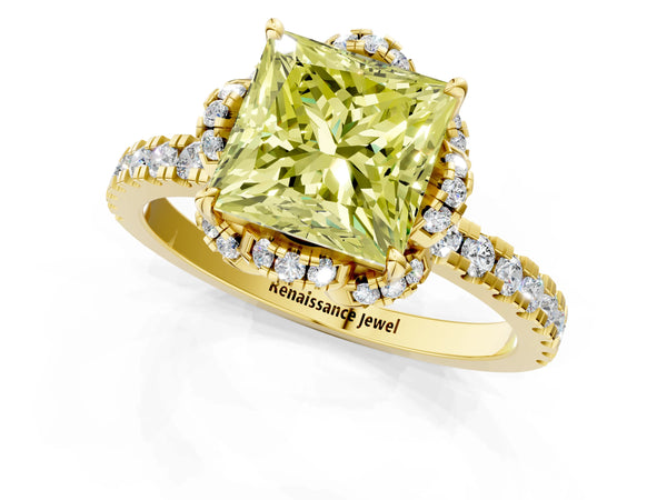 Yellow gold Fancy Yellow Princess  Halo Diamond Pave Band Ring with Four-Prong Setting