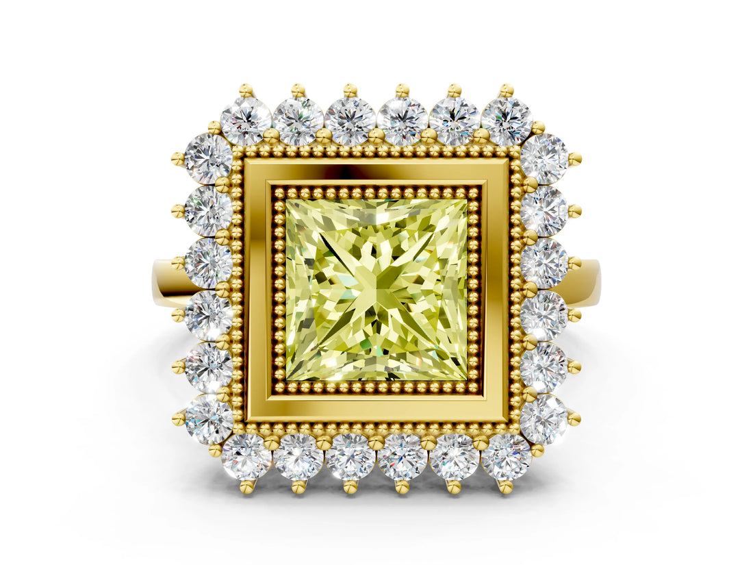 Yellow gold Fancy Yellow Princess  Halo Diamond Ring with Milgrain Edge and Round Prong Setting_23