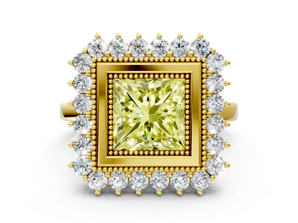 Yellow gold Fancy Yellow Princess  Halo Diamond Ring with Milgrain Edge and Round Prong Setting