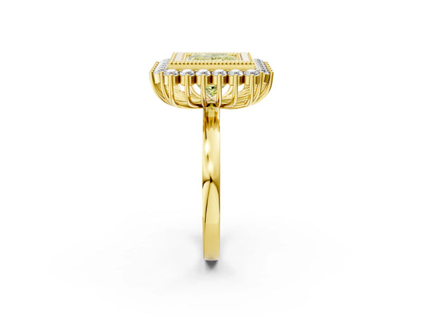 Yellow gold Fancy Yellow Princess  Halo Diamond Ring with Milgrain Edge and Round Prong Setting