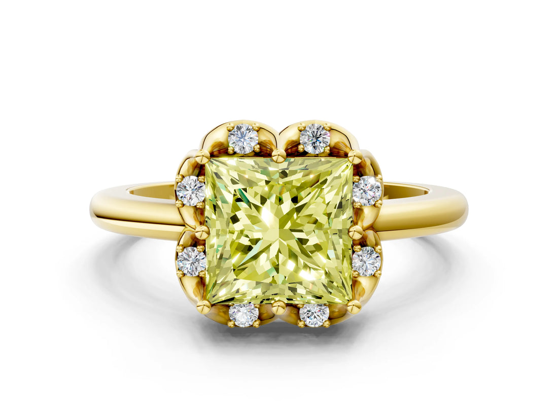 Yellow gold Fancy Yellow Princess  Halo Diamond Ring with Round Cluster Setting, Solitaire Band, and Four-Prong Setting_53