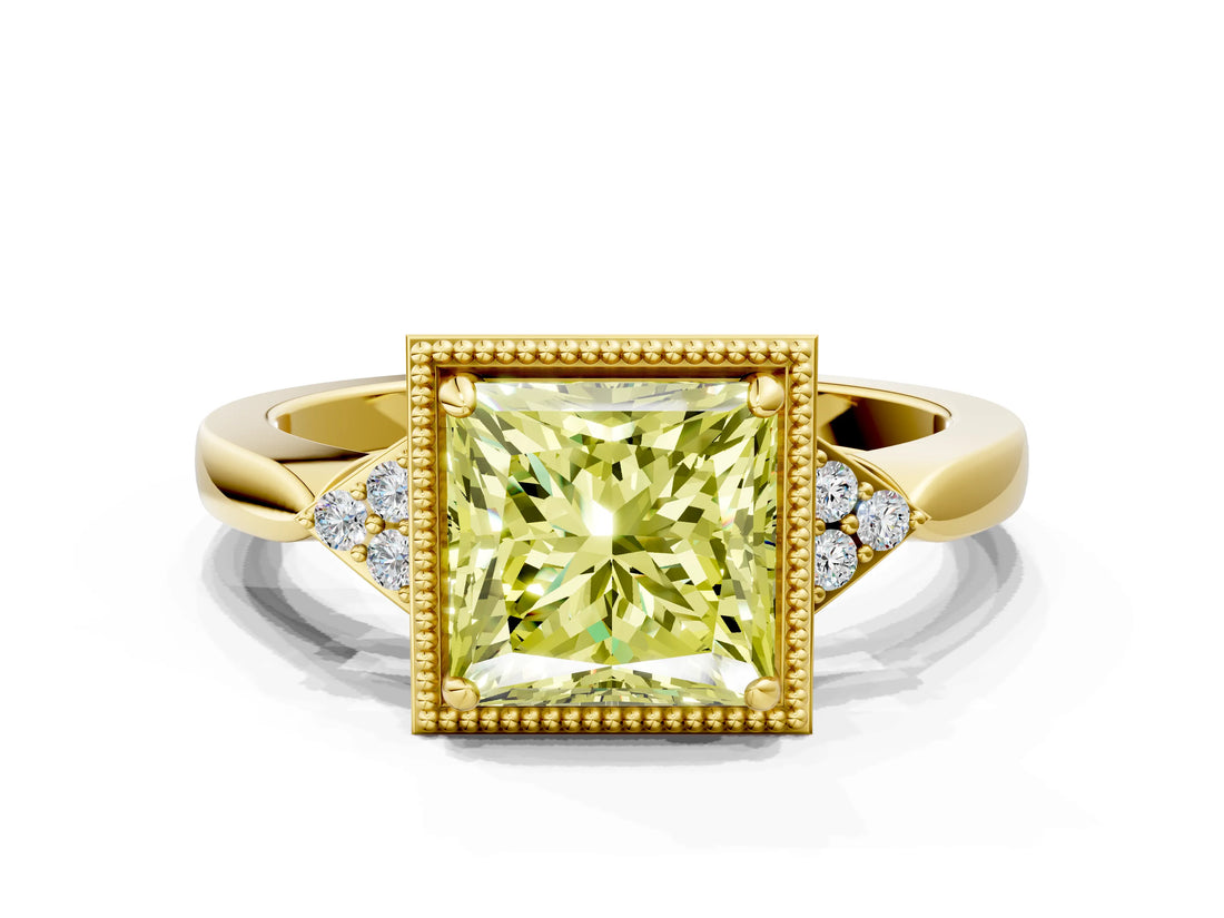 Yellow gold Fancy Yellow Princess  Halo Diamond Ring with Tapered Band and Four-Prong Setting_7