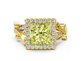 Yellow gold Fancy Yellow Princess  Halo Diamond Ring with Vintage Split Shank and Four-Prong Setting