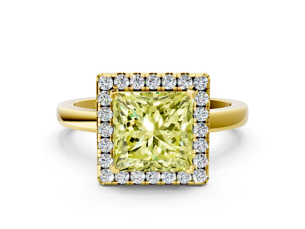 Yellow gold Fancy Yellow Princess  Halo Diamond Solitaire with Pavé Band and Four-Prong Setting