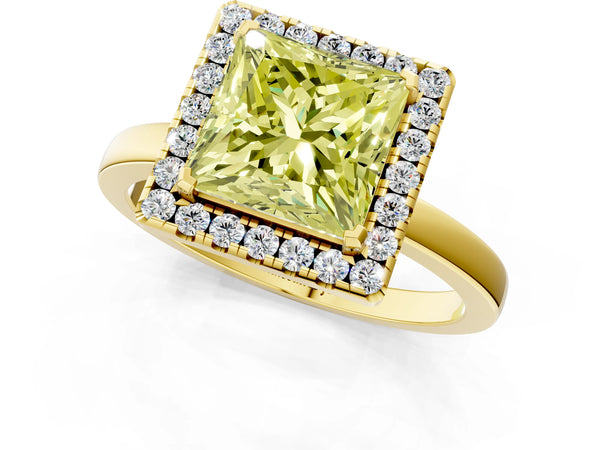 Yellow gold Fancy Yellow Princess  Halo Diamond Solitaire with Pavé Band and Four-Prong Setting