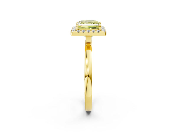 Yellow gold Fancy Yellow Princess  Halo Diamond Solitaire with Pavé Band and Four-Prong Setting