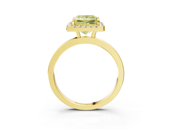 Yellow gold Fancy Yellow Princess  Halo Diamond Solitaire with Pavé Band and Four-Prong Setting