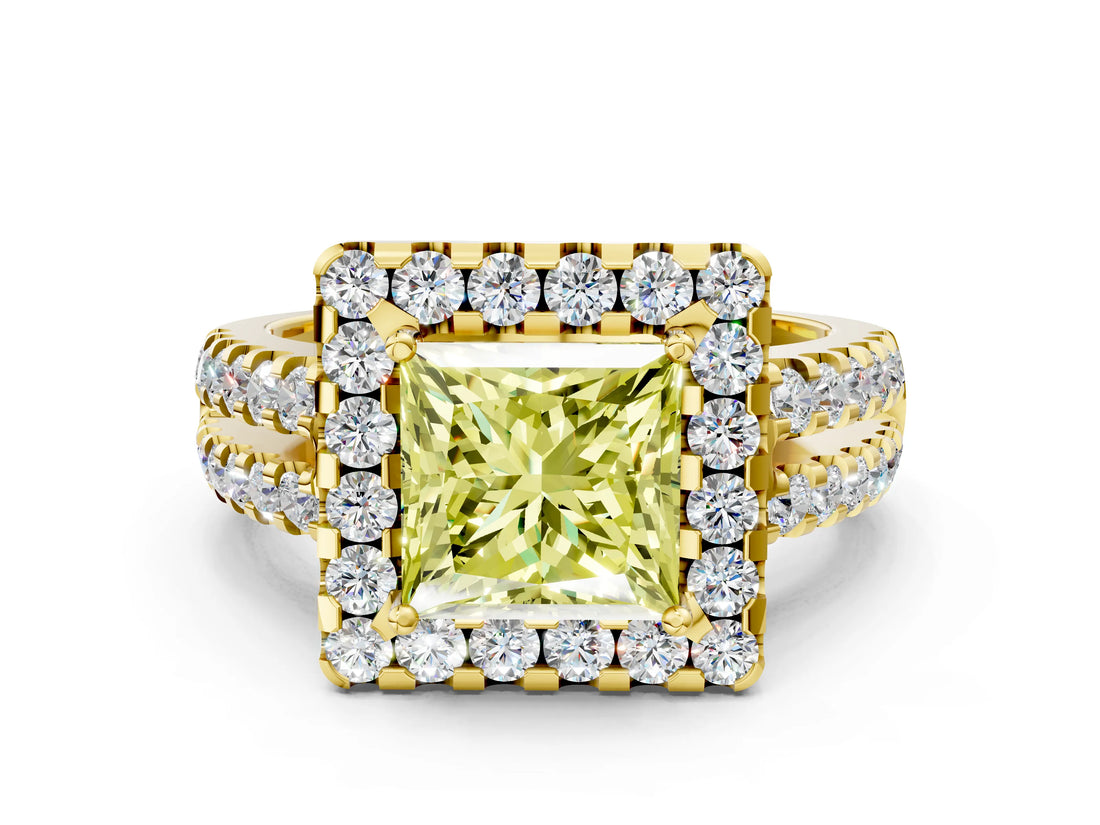 Yellow gold Fancy Yellow Princess  Halo Diamond Split Shank Engagement Ring with Prong Setting_75