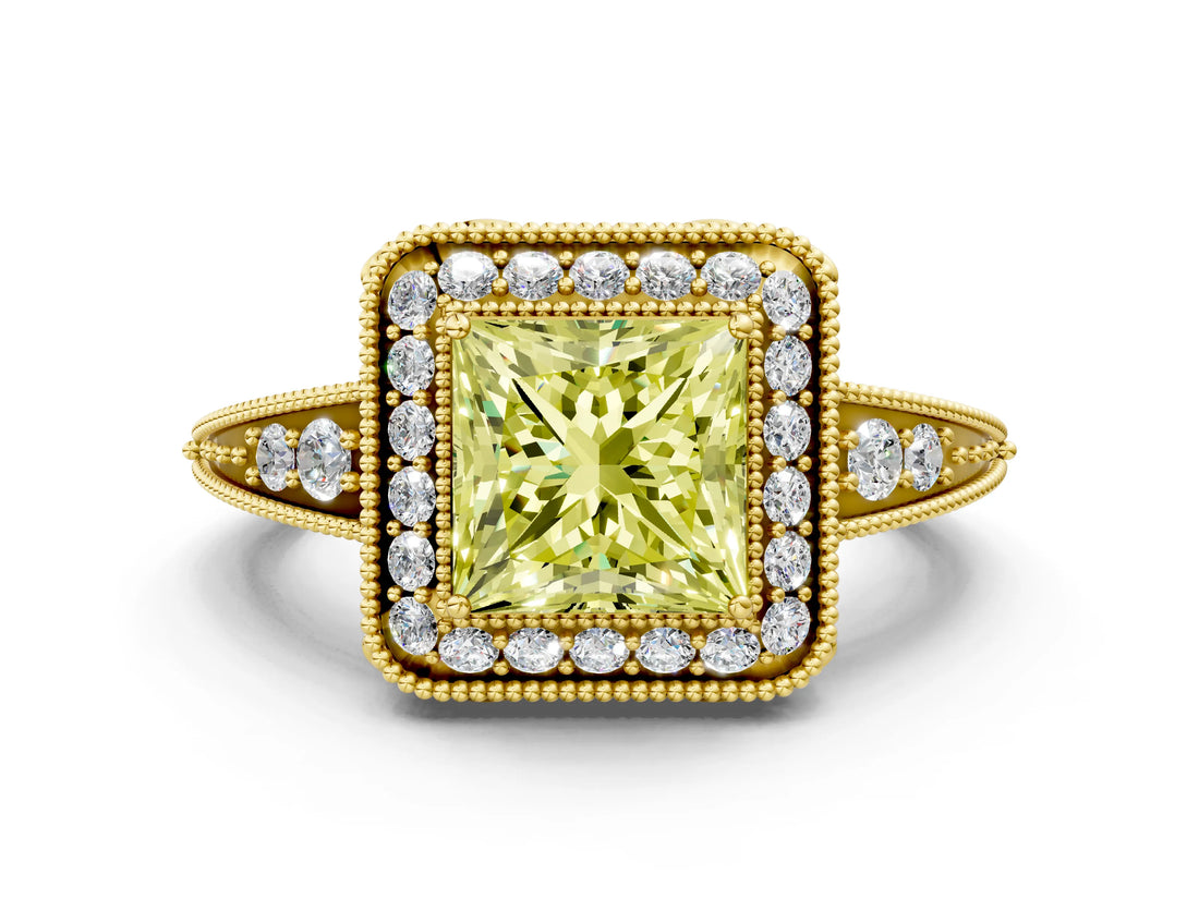 Yellow gold Fancy Yellow Princess  Halo Diamond Split Shank Ring with Milgrain Detail_28