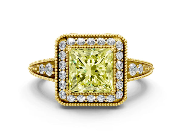 Yellow gold Fancy Yellow Princess  Halo Diamond Split Shank Ring with Milgrain Detail