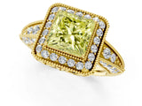Yellow gold Fancy Yellow Princess  Halo Diamond Split Shank Ring with Milgrain Detail_29