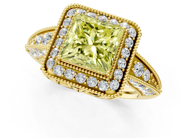 Yellow gold Fancy Yellow Princess  Halo Diamond Split Shank Ring with Milgrain Detail