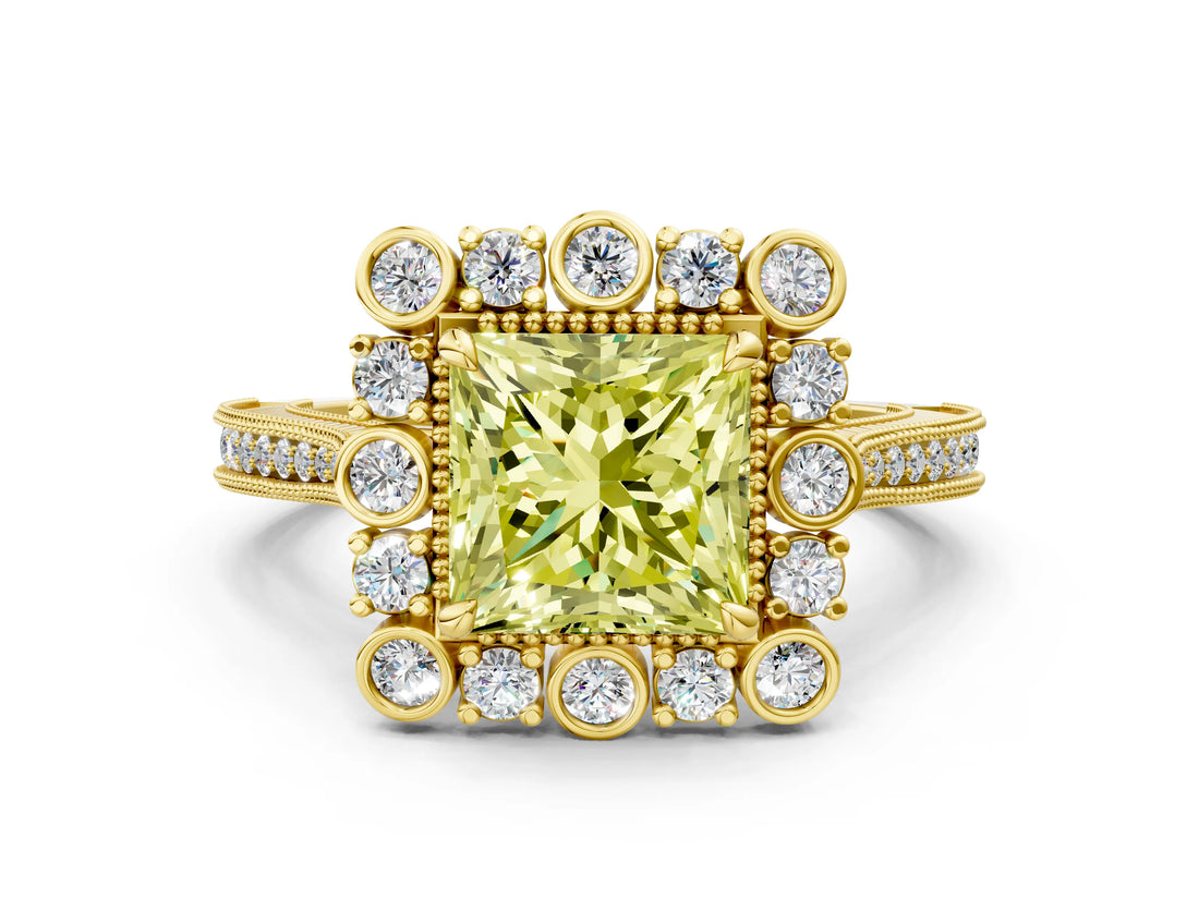 Yellow gold Fancy Yellow Princess  Halo Milgrain Pave Diamond Ring with Four-Prong Setting 2