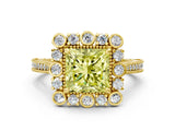 Yellow gold Fancy Yellow Princess  Halo Milgrain Pave Diamond Ring with Four-Prong Setting 2