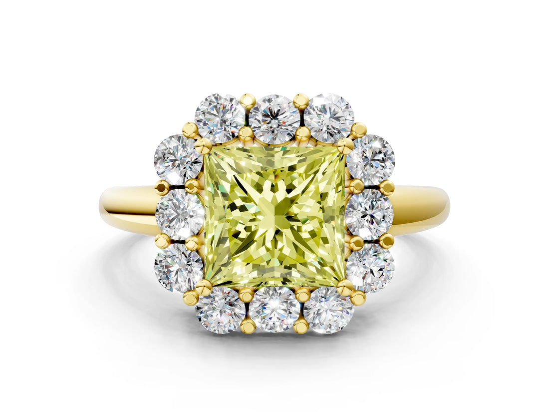 Yellow gold Fancy Yellow Princess  Halo Milgrain Solitaire with Bezel Set Side Stones and Pave Band_33