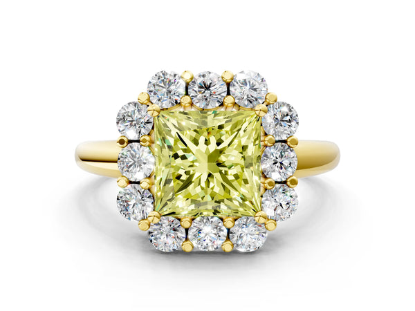 Yellow gold Fancy Yellow Princess  Halo Milgrain Solitaire with Bezel Set Side Stones and Pave Band