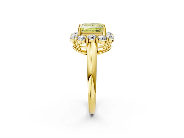 Yellow gold Fancy Yellow Princess  Halo Milgrain Solitaire with Bezel Set Side Stones and Pave Band