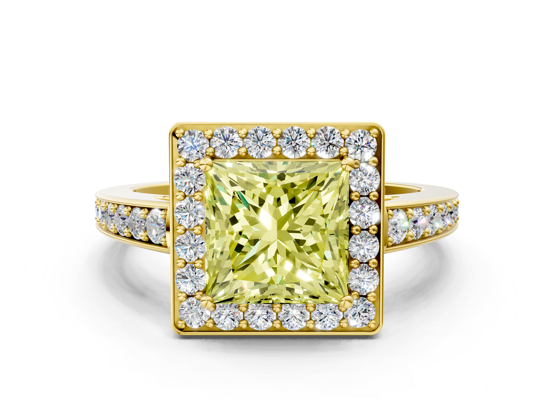 Yellow gold Fancy Yellow Princess  Halo Pavé Diamond Engagement Ring with Bezel Setting