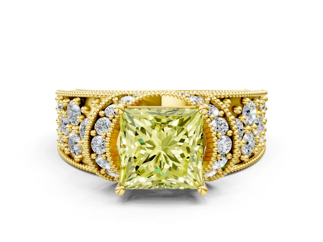 Yellow gold Fancy Yellow Princess  Halo Pave Diamond Engagement Ring with Milgrain Detailing_94