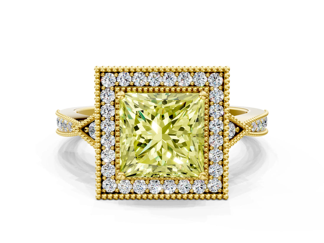 Yellow gold Fancy Yellow Princess  Halo Round Diamond Milgrain Pave Engagement Ring_3