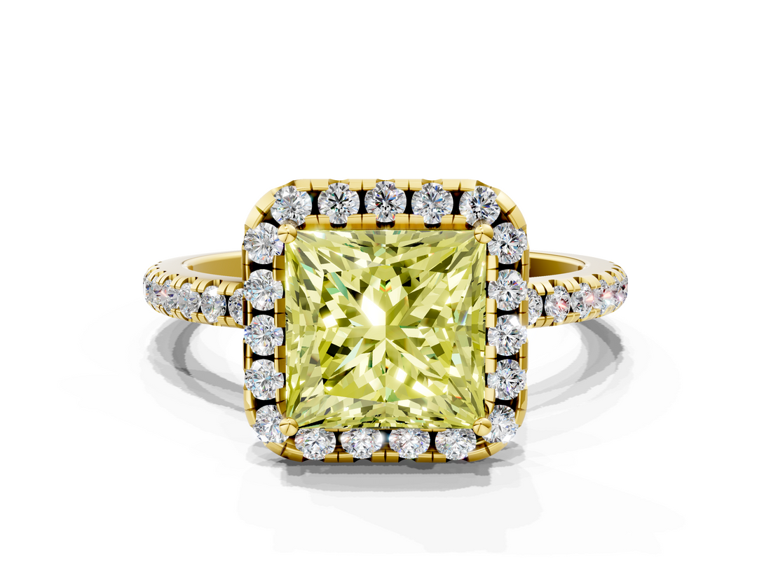 Yellow gold Fancy Yellow Princess  Halo Round Diamond Pavé Band Four-Prong Ring_3