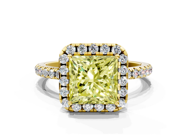 Yellow gold Fancy Yellow Princess  Halo Round Diamond Pavé Band Four-Prong Ring
