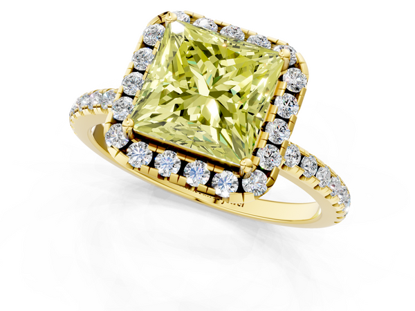 Yellow gold Fancy Yellow Princess  Halo Round Diamond Pavé Band Four-Prong Ring