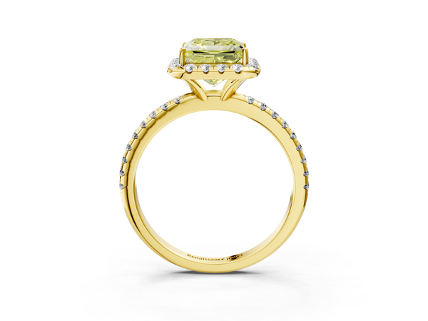 Yellow gold Fancy Yellow Princess  Halo Round Diamond Pavé Band Four-Prong Ring