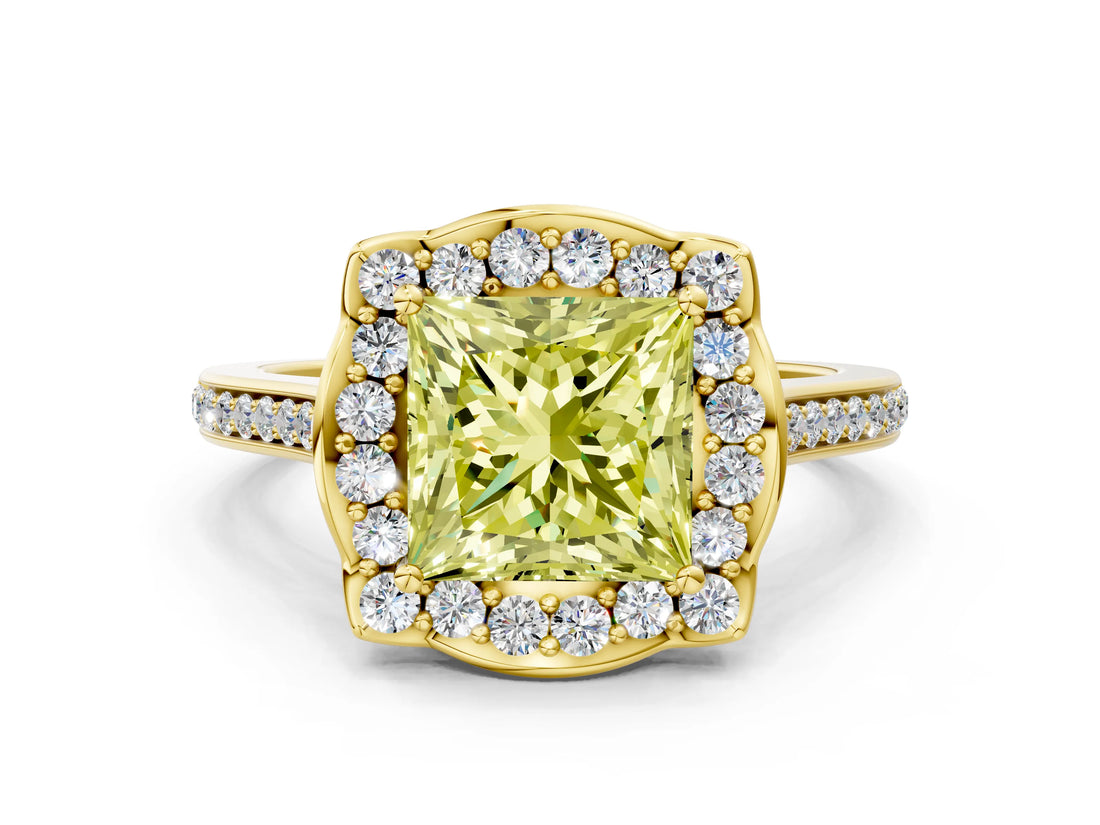 Yellow gold Fancy Yellow Princess  Halo Round Diamond Pave Band with Four-Prong Setting_43