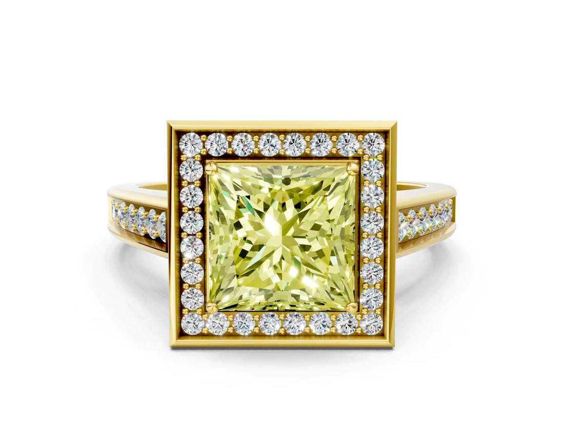 Yellow gold Fancy Yellow Princess  Halo Solitaire Diamond Ring with Pave Band and Bezel Setting_28