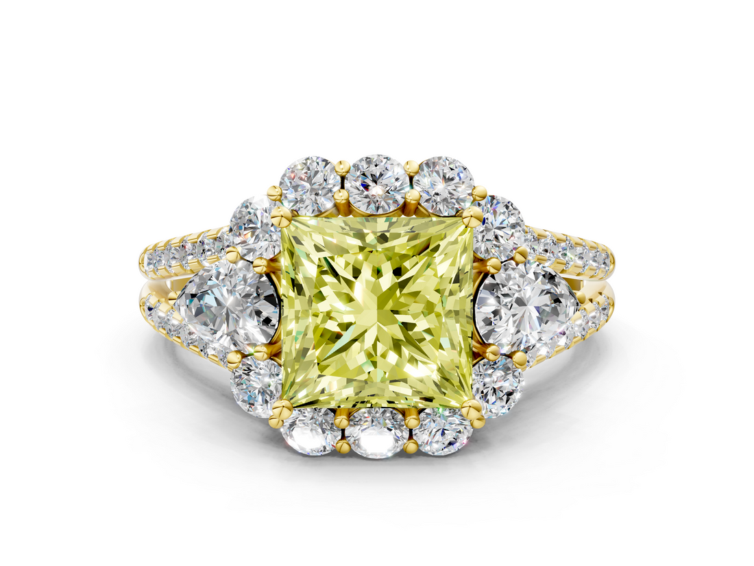 Yellow gold Fancy Yellow Princess  Halo Split Shank Diamond Engagement Ring with Prong Setting