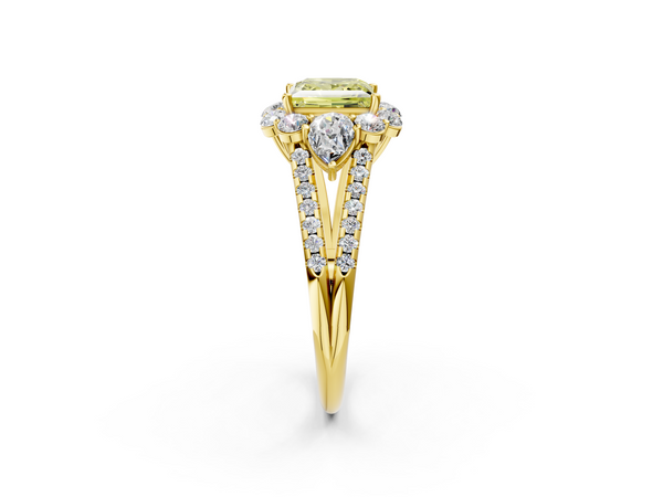 Yellow Gold Princess Cut Halo Pear Side Stone Engagement Ring Setting for Fancy Yellow Center
