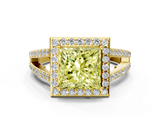 Yellow gold Fancy Yellow Princess  Halo Split Shank Diamond Ring with Four-Prong Setting