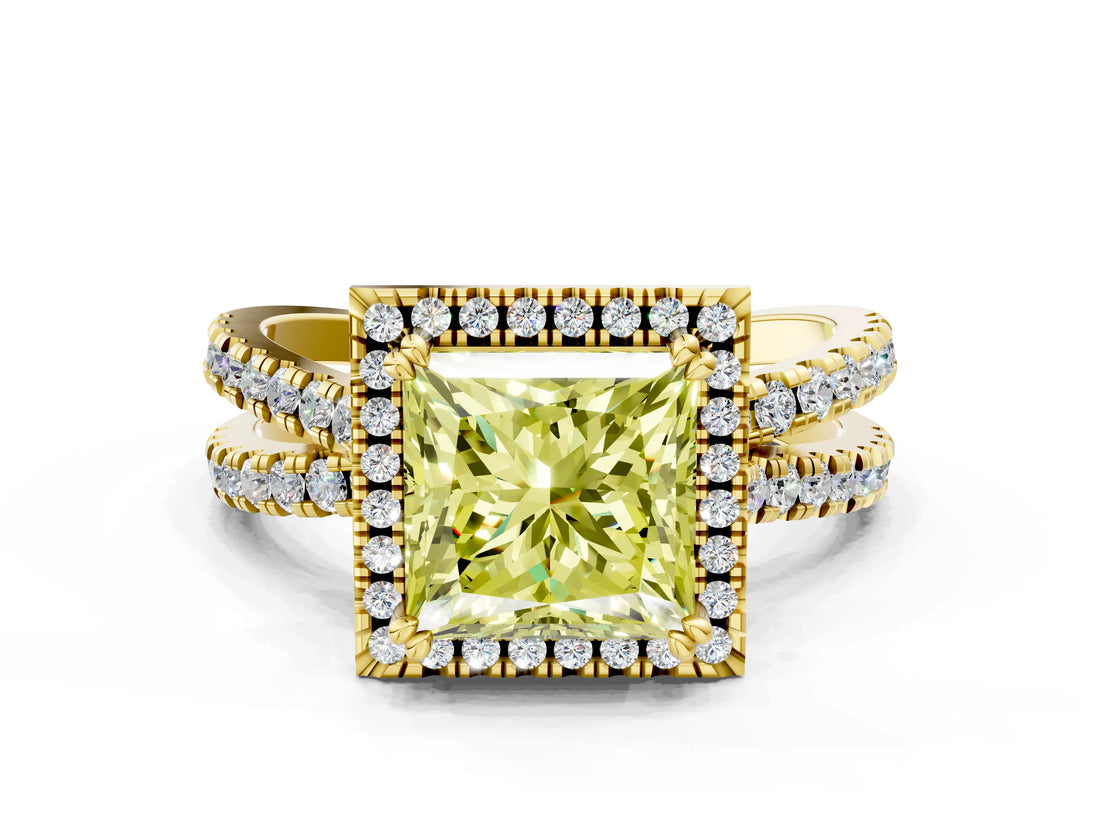 Yellow gold Fancy Yellow Princess  Halo Split Shank Diamond Ring with Pavé Setting_26