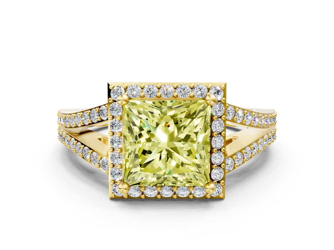 Yellow gold Fancy Yellow Princess  Halo Split Shank Diamond Ring with Prong Setting