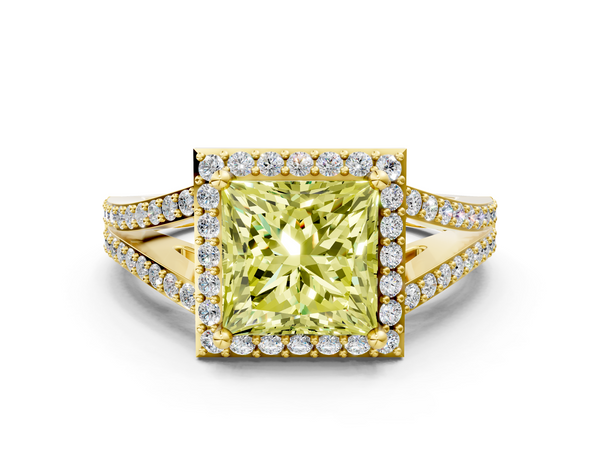 Yellow gold Fancy Yellow Princess  Halo Split Shank Diamond Ring with Prong Setting