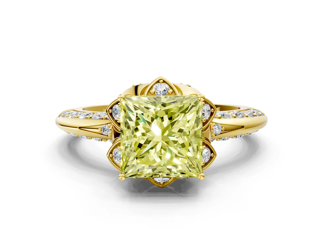 Yellow gold Fancy Yellow Princess  Halo Split Shank Pave Diamond Ring with Petal Prong Setting_20