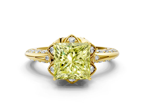 Yellow gold Fancy Yellow Princess  Halo Split Shank Pave Diamond Ring with Petal Prong Setting