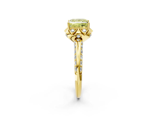 Yellow gold Fancy Yellow Princess  Halo Split Shank Pave Diamond Ring with Petal Prong Setting