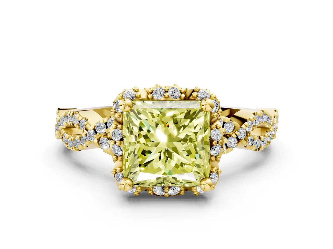 Yellow gold Fancy Yellow Princess  Halo Twist Band Solitaire Ring with Six-Prong Setting_32