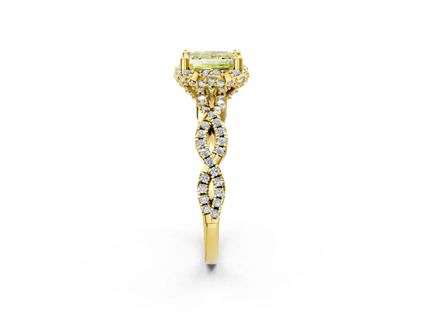 Yellow Gold Princess Cut Graduated Vintage Halo Engagement Ring Setting for Fancy Yellow Center