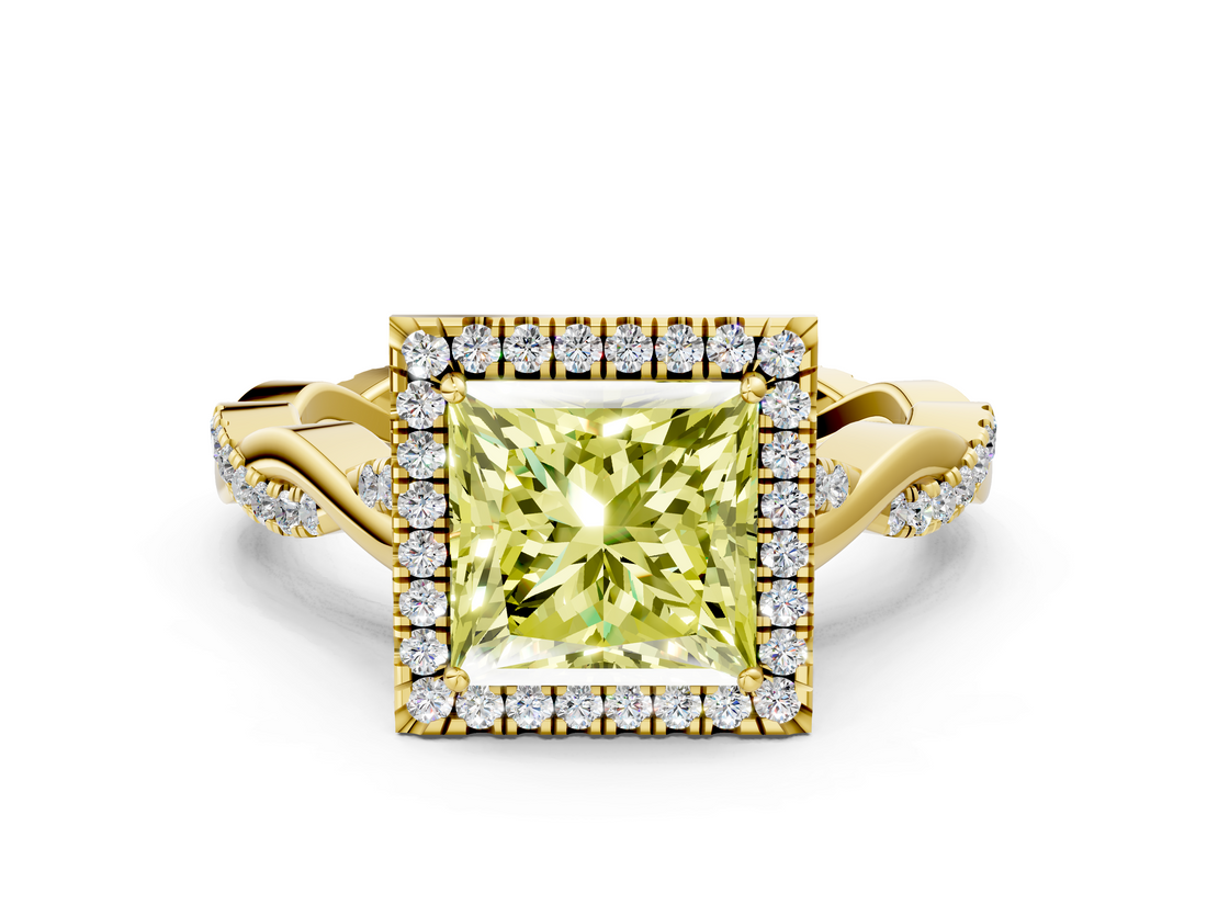 Yellow gold Fancy Yellow Princess  Halo Twist Band Solitaire Ring