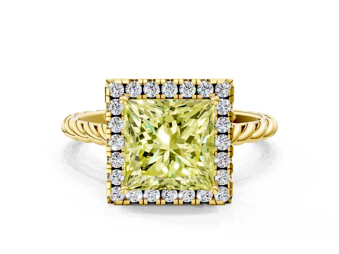 Yellow gold Fancy Yellow Princess  Halo Twisted Band Four-Prong Diamond Ring