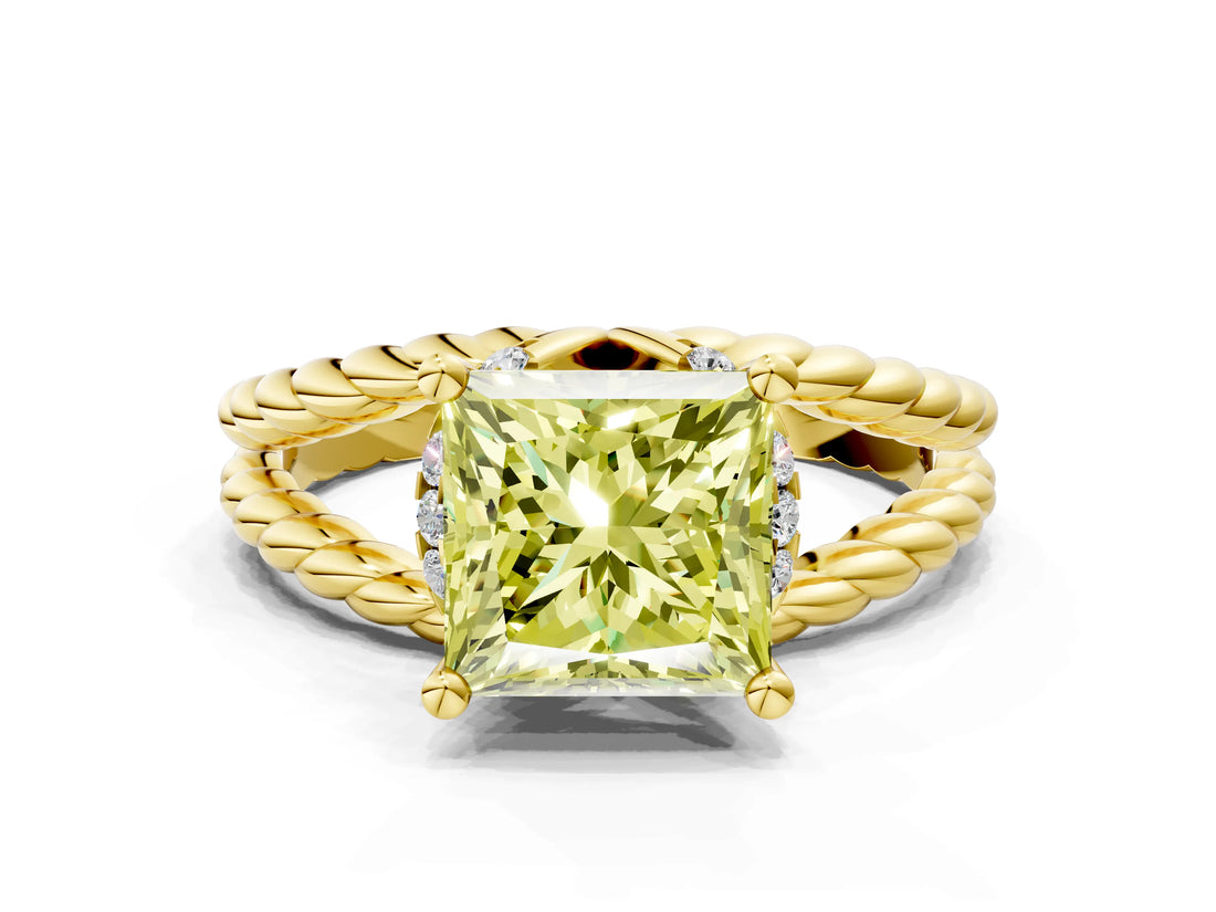 Yellow gold Fancy Yellow Princess  Halo Twisted Band Four-Prong Ring_32