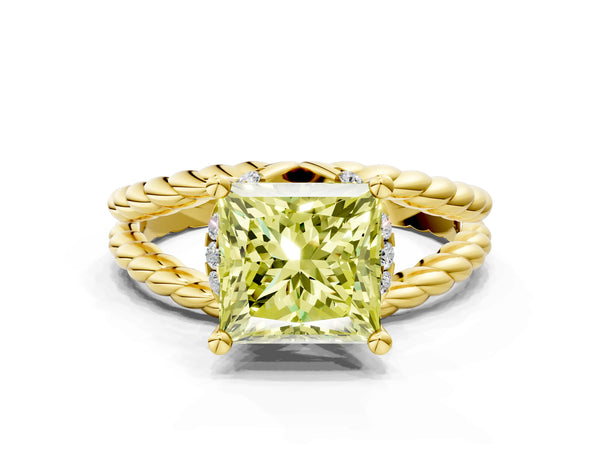 Yellow gold Fancy Yellow Princess  Halo Twisted Band Four-Prong Ring