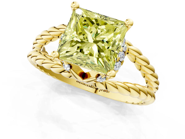Yellow gold Fancy Yellow Princess  Halo Twisted Band Four-Prong Ring