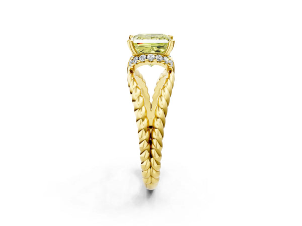 Yellow gold Fancy Yellow Princess  Halo Twisted Band Four-Prong Ring
