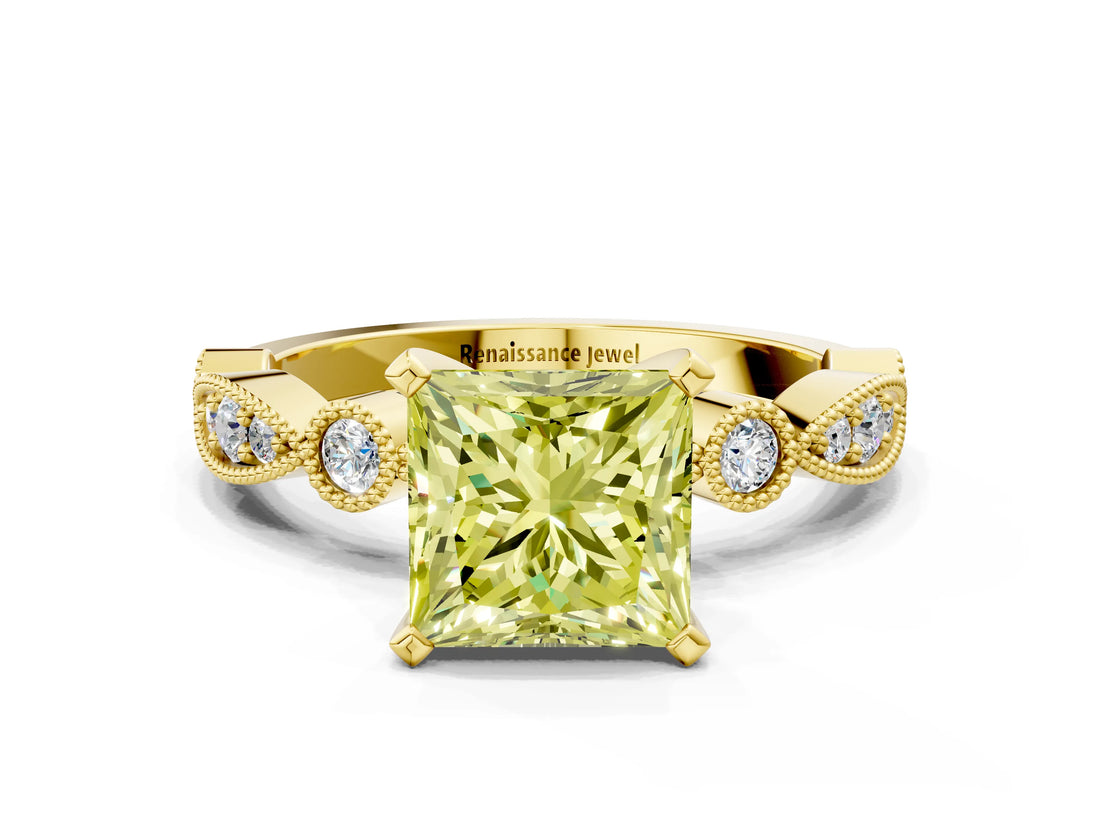 Yellow gold Fancy Yellow Princess  Milgrain Bezel Diamond Engagement Ring with Solitaire Prong Setting_48