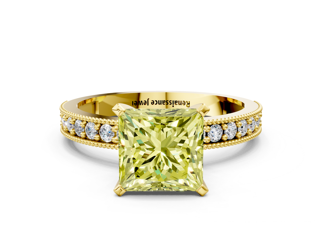 Yellow gold Fancy Yellow Princess  Milgrain Pave Diamond Engagement Ring with Four-Prong Setting