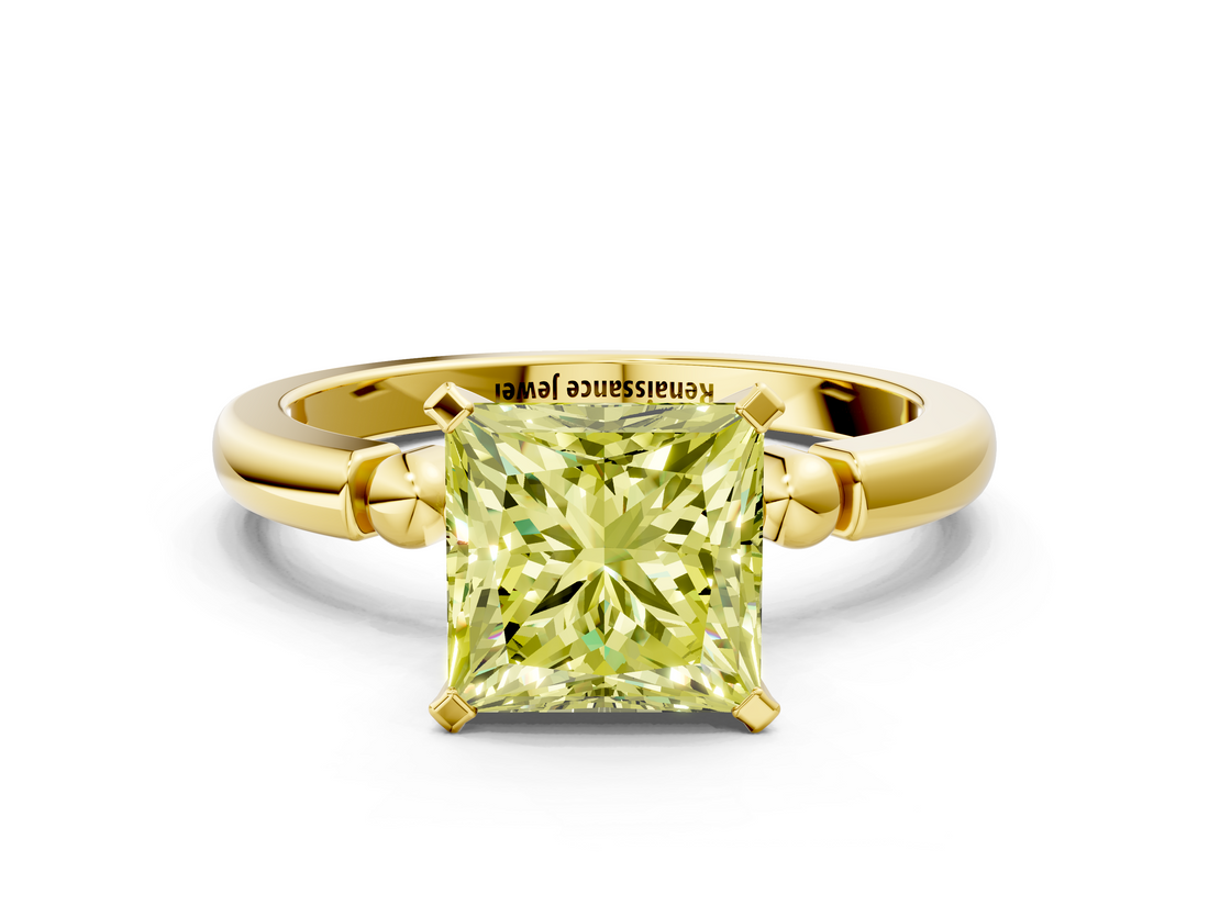 Yellow gold Fancy Yellow Princess  Solitaire Beaded Band with Four-Prong Setting